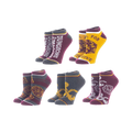 Five pairs of D&D ankle socks. Designs include the D20, D&D logo, and phrases like 'Roll for Initiative'. Colors are burgundy, gray, and gold.