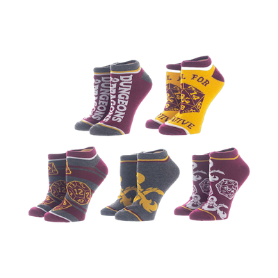 Five pairs of D&D ankle socks. Designs include the D20, D&D logo, and phrases like 'Roll for Initiative'. Colors are burgundy, gray, and gold.