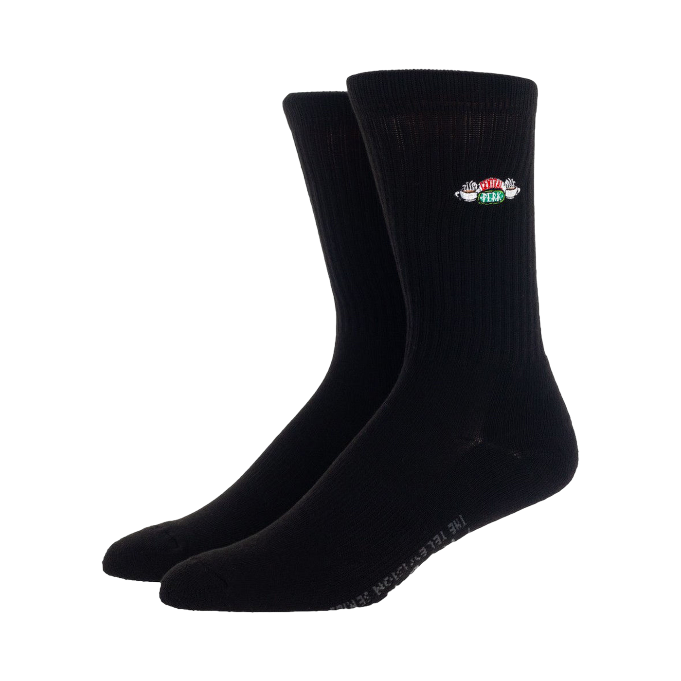 Lifestyle shot: Two pairs of black Friends socks displayed against a white background.