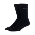 Flat lay: A single pair of black Friends socks with the 'Friends' logo embroidered on the cuff.