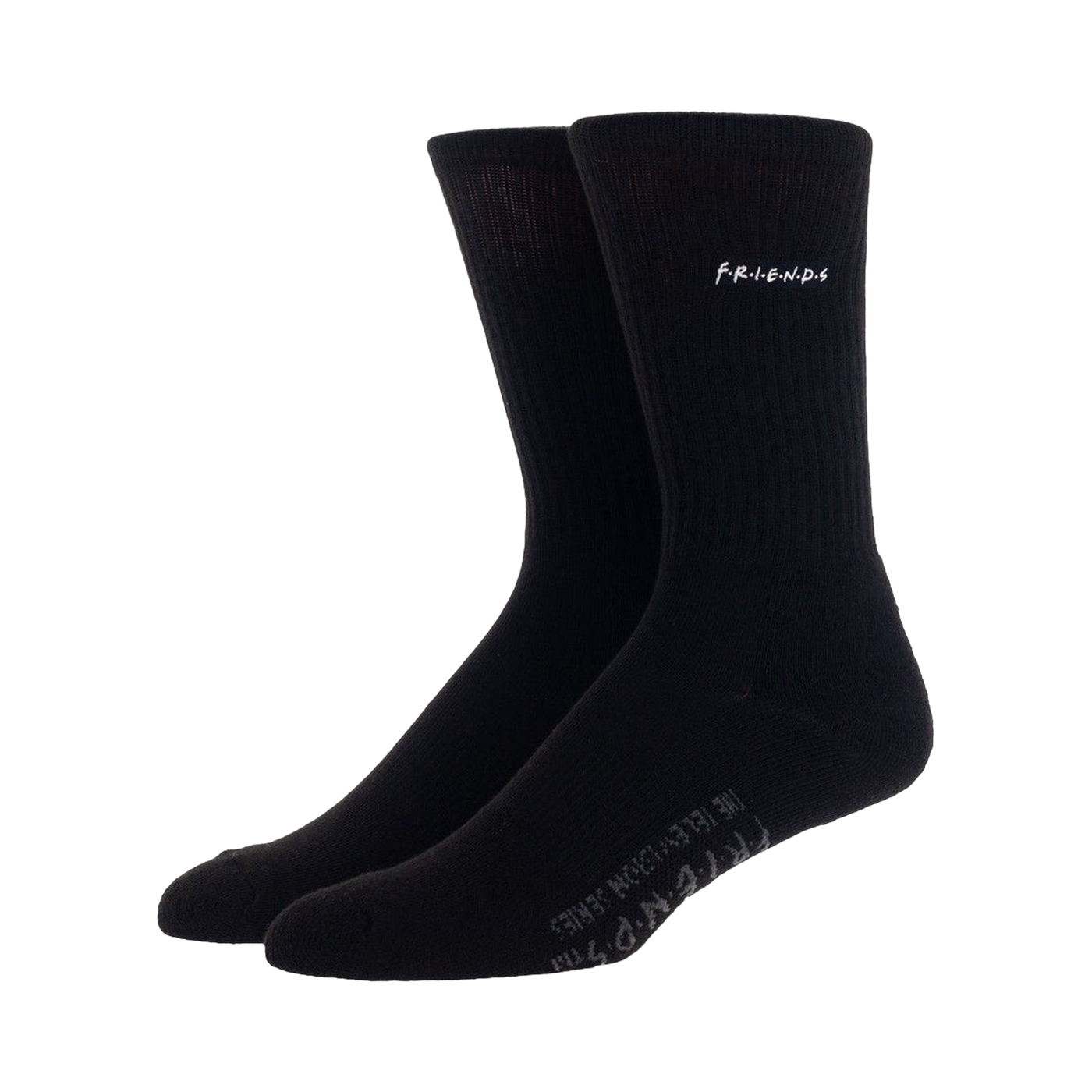 Flat lay: A single pair of black Friends socks with the 'Friends' logo embroidered on the cuff.