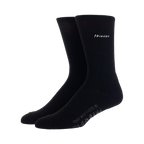 Flat lay: A single pair of black Friends socks with the 'Friends' logo embroidered on the cuff.