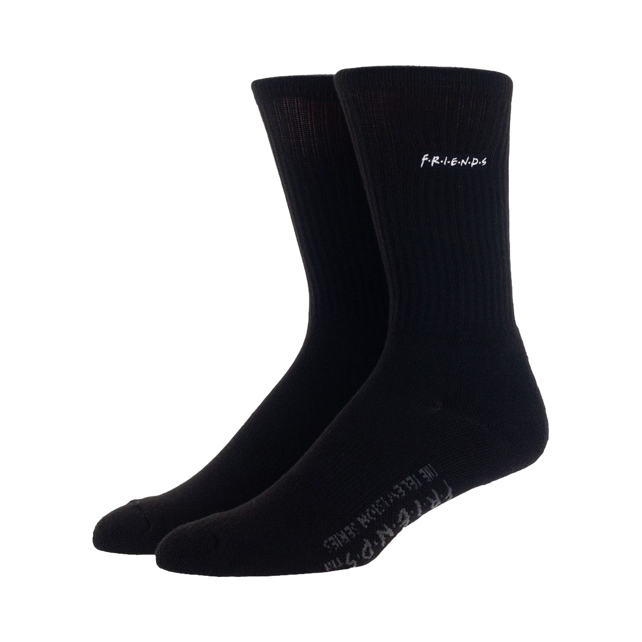 Flat lay: A single pair of black Friends socks with the 'Friends' logo embroidered on the cuff.