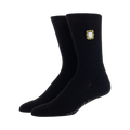 Close-up shot: A single pair of black Friends socks, highlighting the detail of the embroidered coffee cup design.