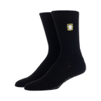 Close-up shot: A single pair of black Friends socks, highlighting the detail of the embroidered coffee cup design.