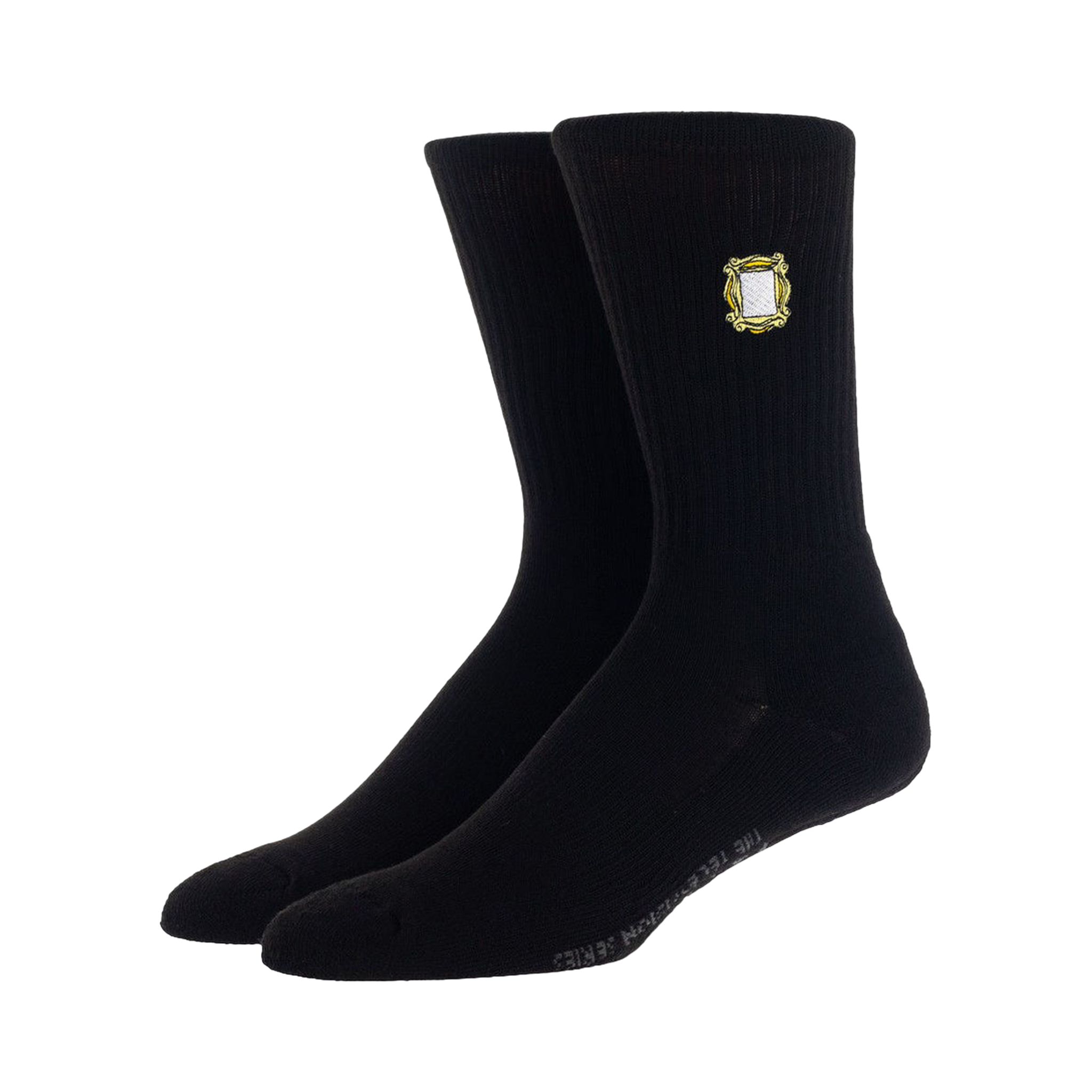 Close-up shot: A single pair of black Friends socks, highlighting the detail of the embroidered coffee cup design.