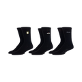 Product shot of three pairs of black crew socks with embroidered Friends logos: the frame, coffee cups, and the show's title.