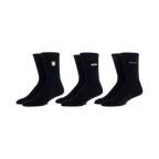 Product shot of three pairs of black crew socks with embroidered Friends logos: the frame, coffee cups, and the show's title.