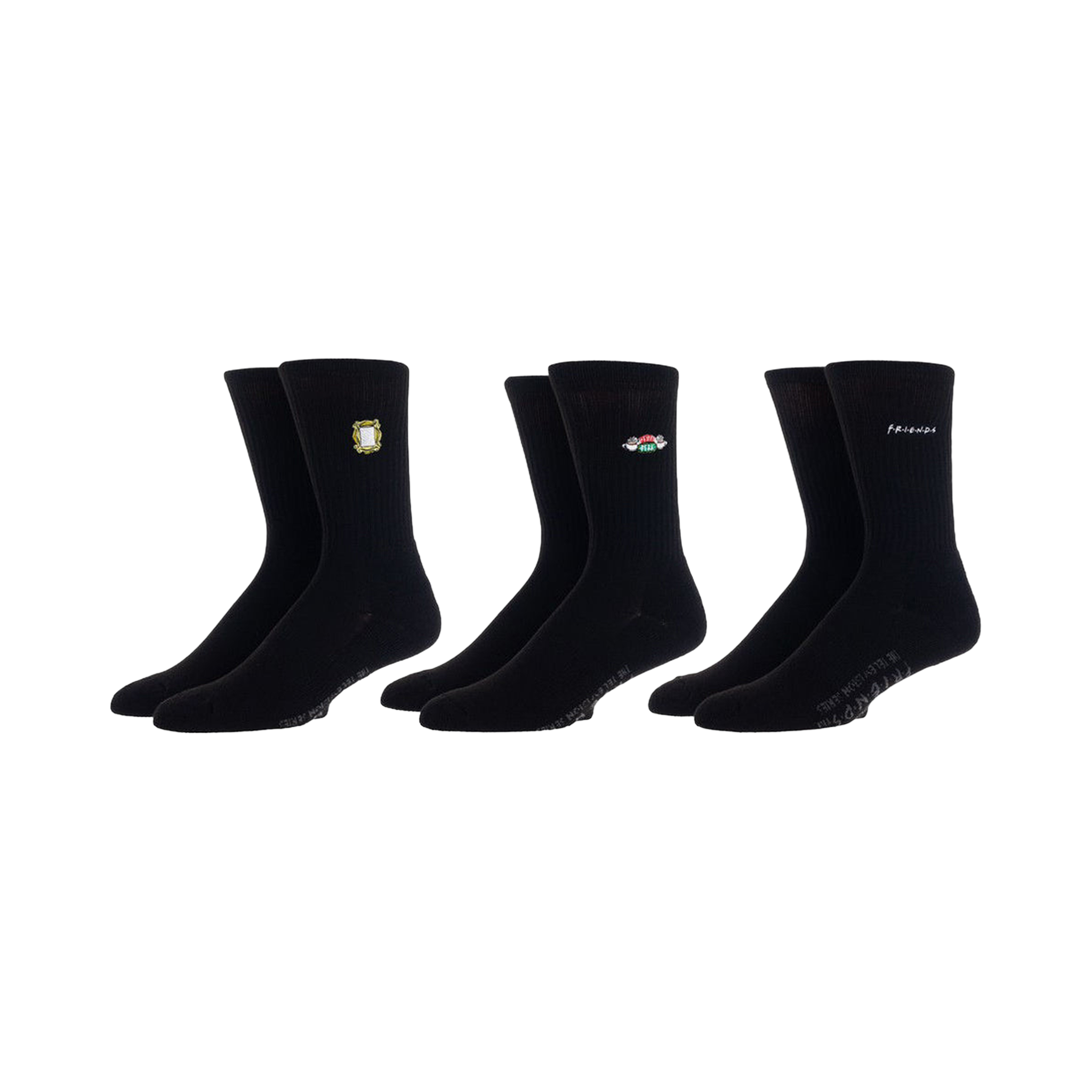 Product shot of three pairs of black crew socks with embroidered Friends logos: the frame, coffee cups, and the show's title.