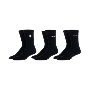 Product shot of three pairs of black crew socks with embroidered Friends logos: the frame, coffee cups, and the show's title.