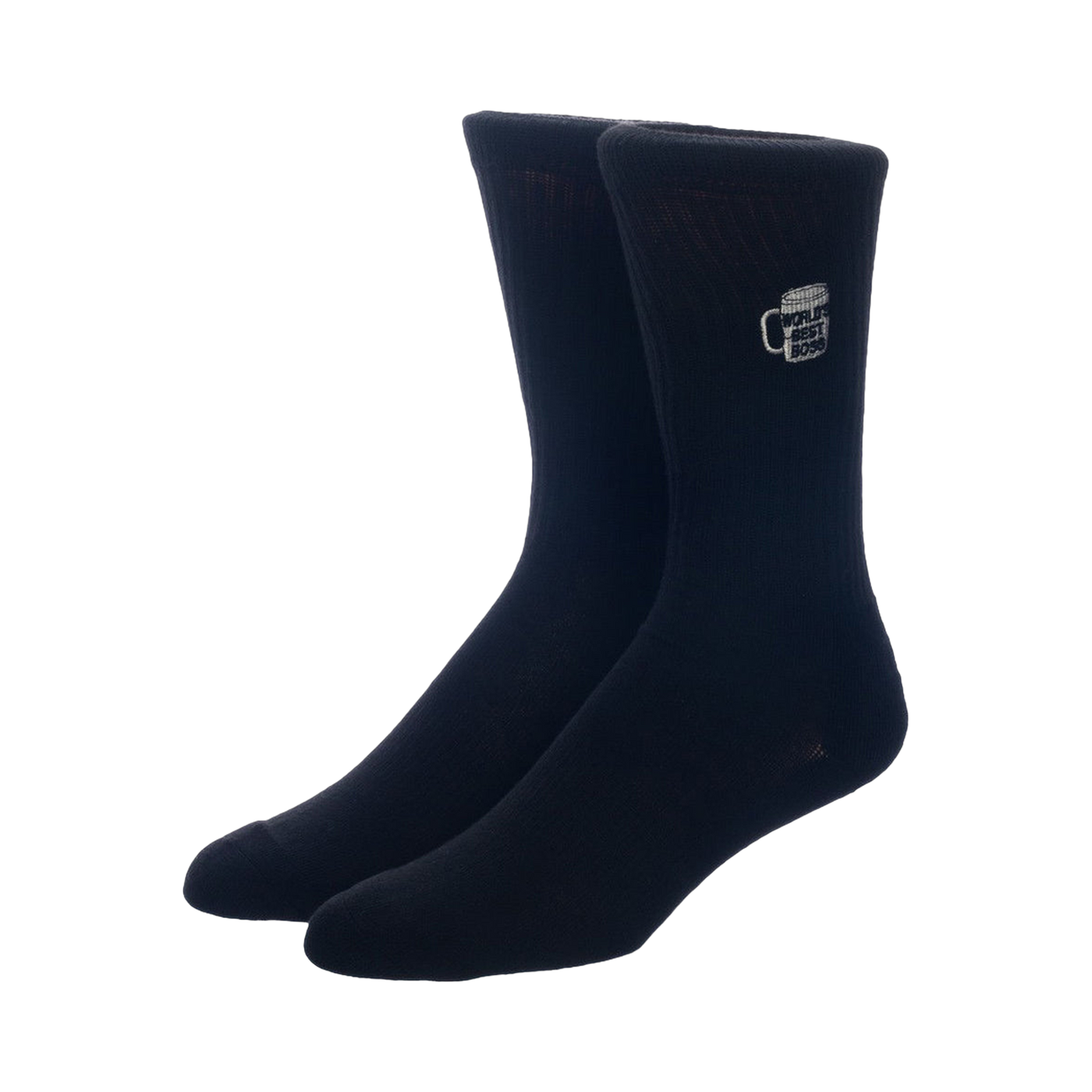 Close-up of a pair of black crew socks with a beer mug and 'World's Best Boss' embroidered on them.