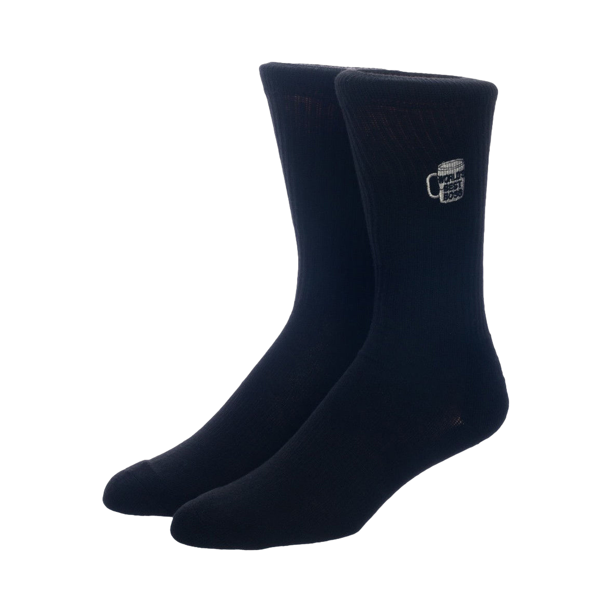 Close-up of a pair of black crew socks with a beer mug and 'World's Best Boss' embroidered on them.