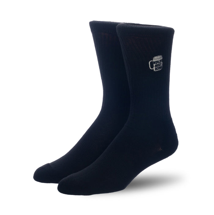 A pair of black socks with the words 