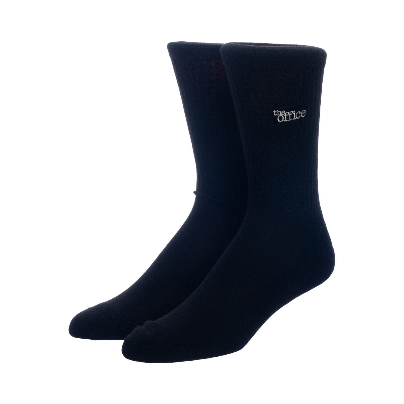 Close-up of a pair of black crew socks with 'The Office' embroidered on them.