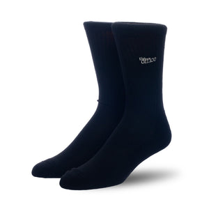 A pair of black socks with the words 