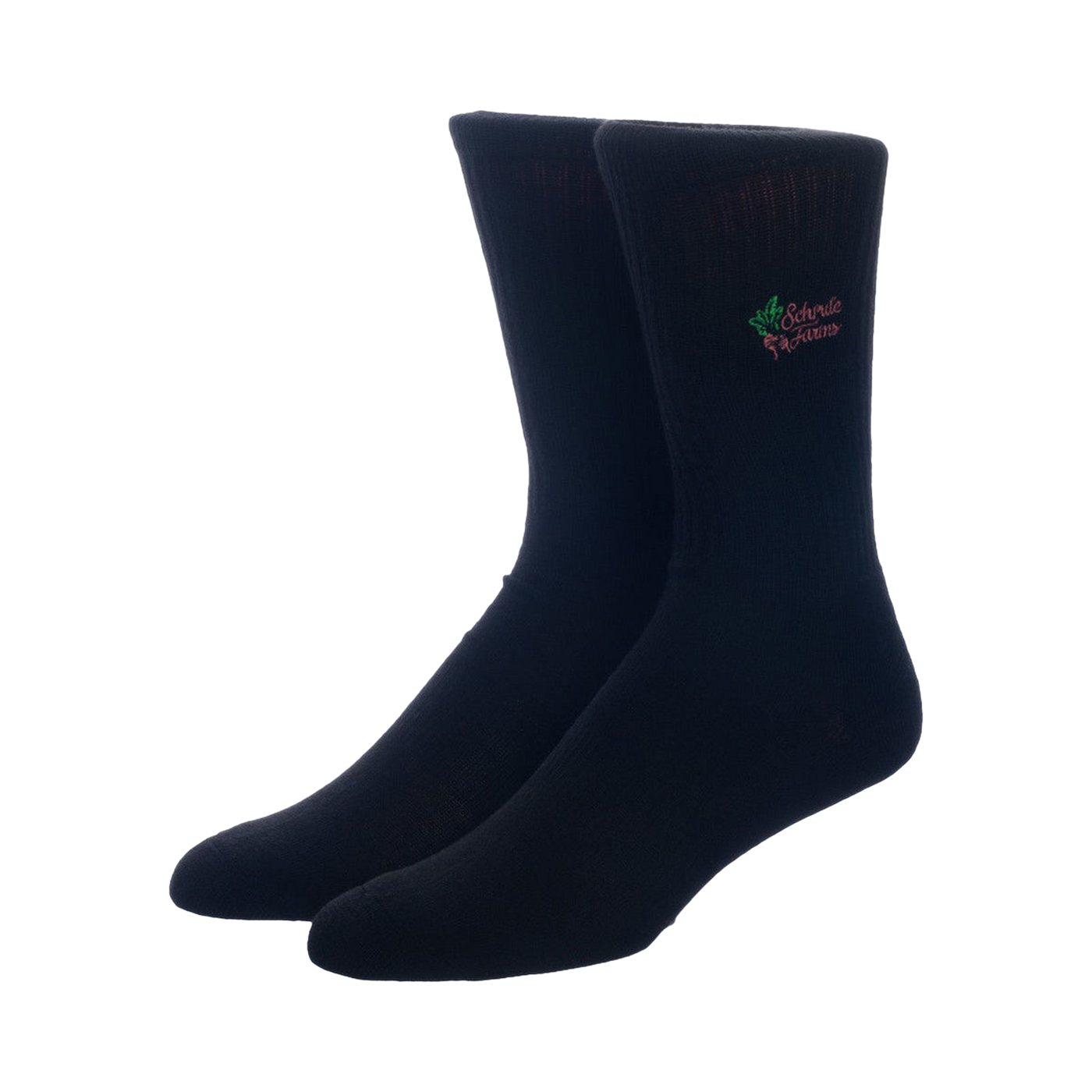 Close-up of a pair of black crew socks with the Schrute Farms logo embroidered on them.