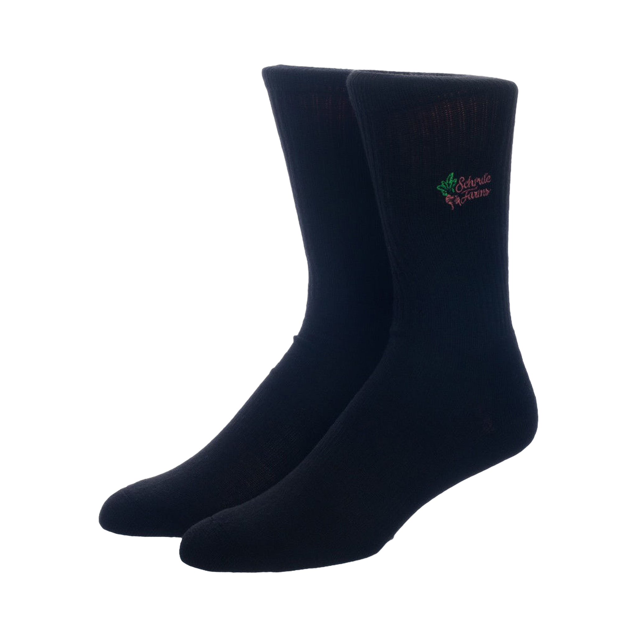 Close-up of a pair of black crew socks with the Schrute Farms logo embroidered on them.