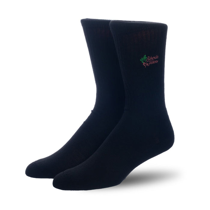 A pair of black socks with the words 