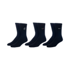 Three pairs of black crew socks with embroidered The Office designs: beer mug, 'that's what she said', and Schrute Farms.