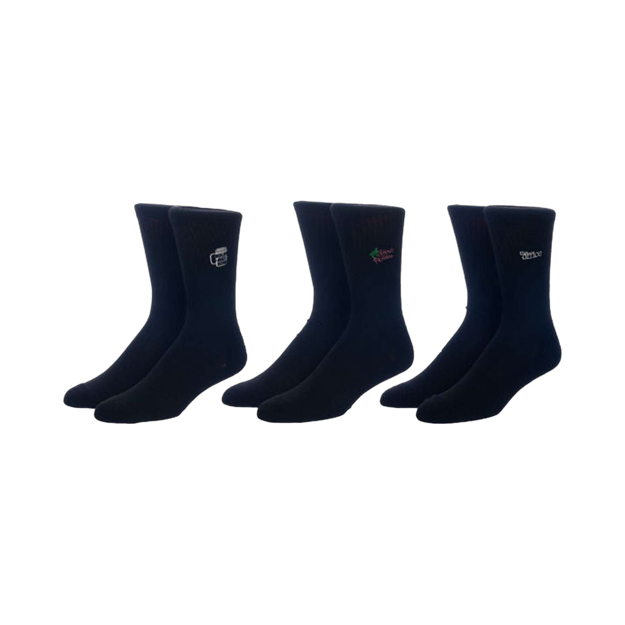 Three pairs of black crew socks with embroidered The Office designs: beer mug, 'that's what she said', and Schrute Farms.