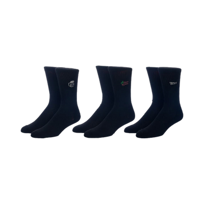 Three pairs of black crew socks with embroidered The Office designs: beer mug, 'that's what she said', and Schrute Farms.