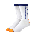 Pair of white crew socks with orange and blue cuffs and a vertical wuphf.com logo.