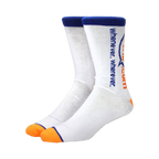 Pair of white crew socks with orange and blue cuffs and a vertical wuphf.com logo.