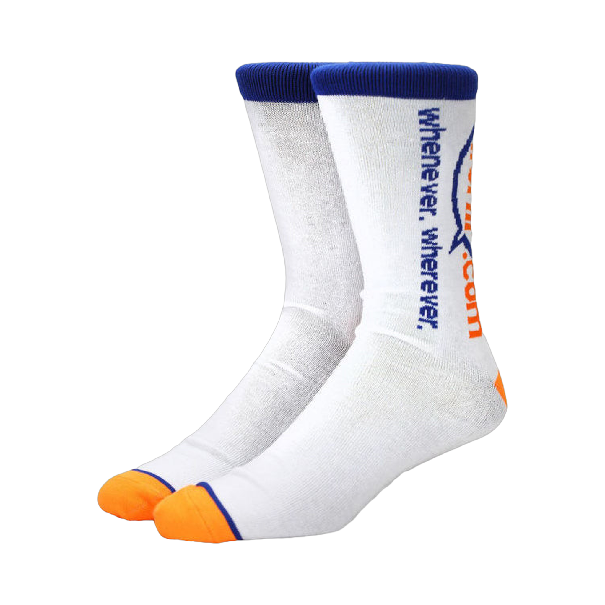 Pair of white crew socks with orange and blue cuffs and a vertical wuphf.com logo.