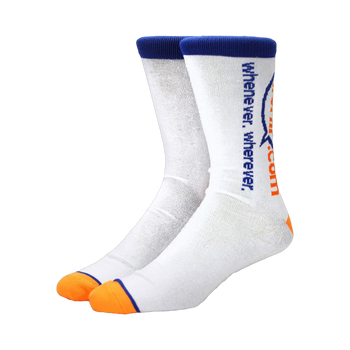 Pair of white crew socks with orange and blue cuffs and a vertical wuphf.com logo.