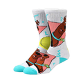 White crew socks with teal accents featuring a retro-style Scooby Doo design in pink and yellow geometric shapes.