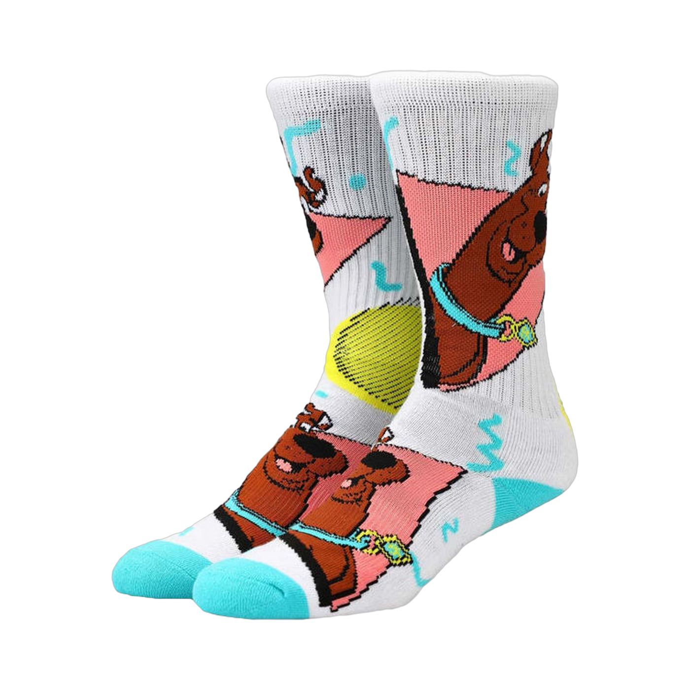 White crew socks with teal accents featuring a retro-style Scooby Doo design in pink and yellow geometric shapes.