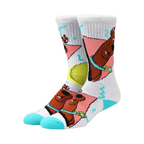 White crew socks with teal accents featuring a retro-style Scooby Doo design in pink and yellow geometric shapes.