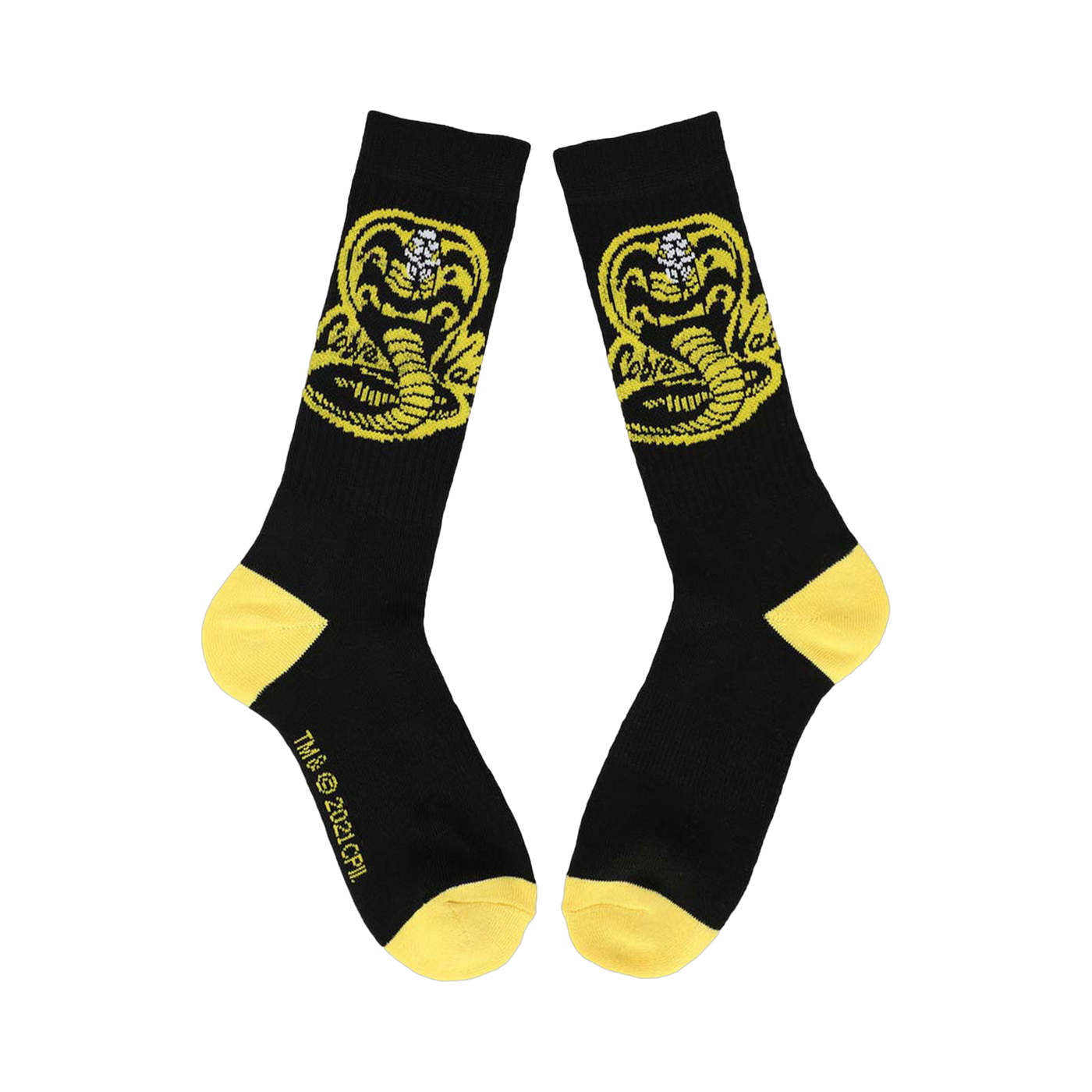 Flatlay product shot of a pair of black Cobra Kai socks with yellow accents showing the full Cobra Kai logo.