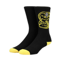Pair of black crew socks with a yellow Cobra Kai logo. Yellow accents at the heel and toe.