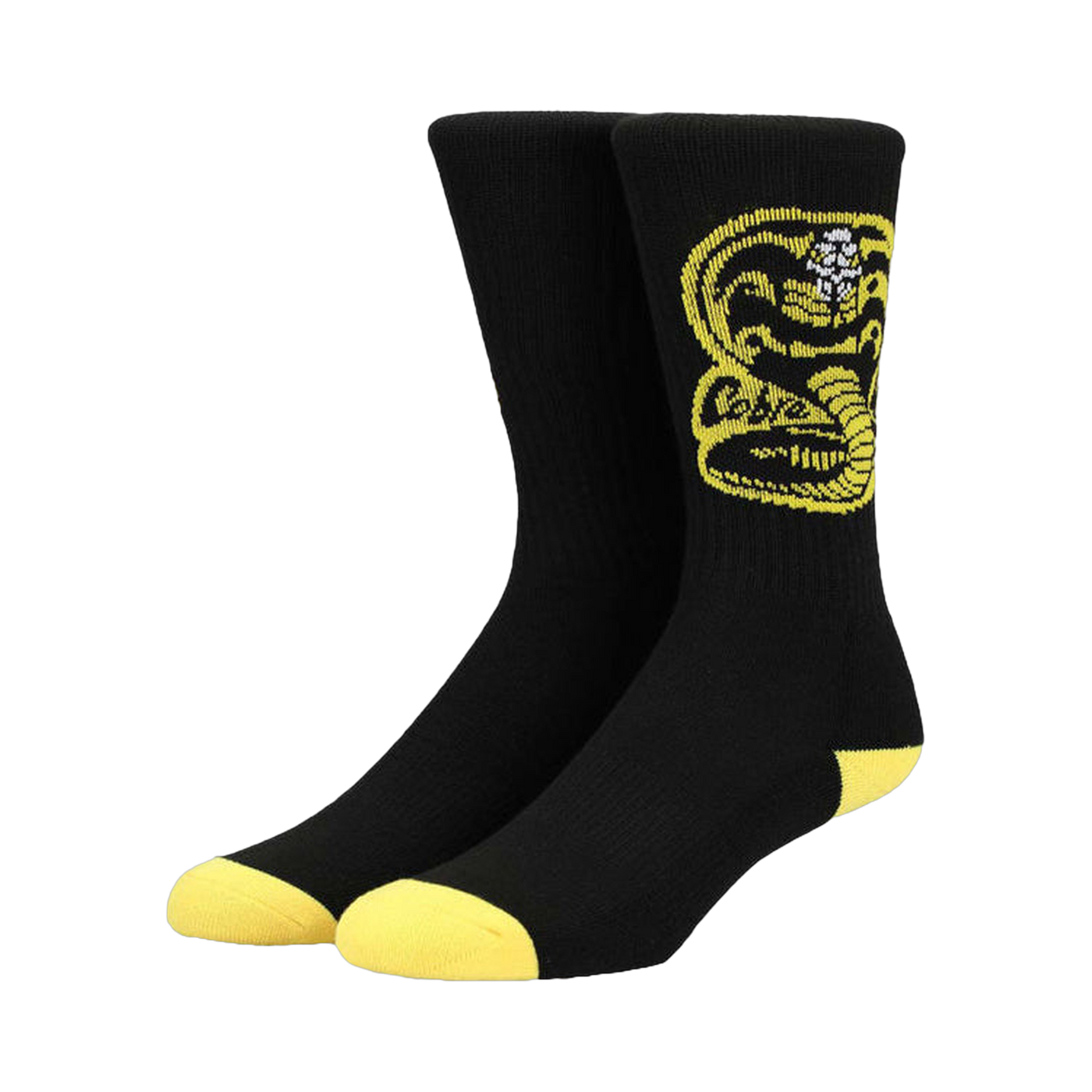 Pair of black crew socks with a yellow Cobra Kai logo. Yellow accents at the heel and toe.