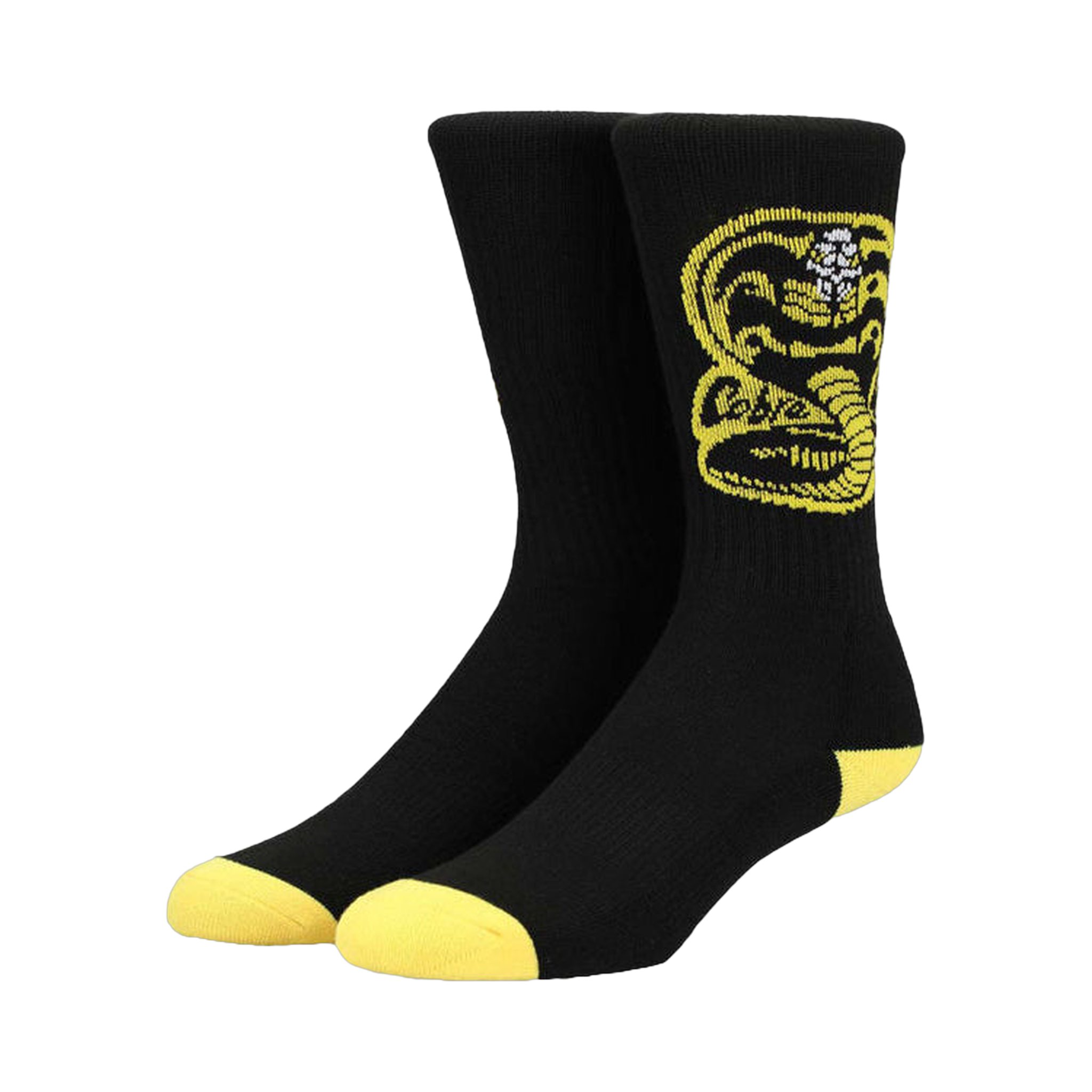 Pair of black crew socks with a yellow Cobra Kai logo. Yellow accents at the heel and toe.