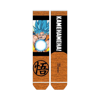 Crew socks in orange and blue featuring Goku performing a Kamehameha, the Dragon Ball Z logo, and text.