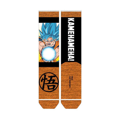 orange crew socks with black and white symbol near ankle. picture of anime character goku wearing blue vest and orange pants surrounded by yellow glow. "kamehameha!" written vertically in black on side of sock.   