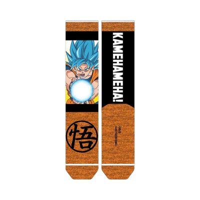 Crew socks in orange and blue featuring Goku performing a Kamehameha, the Dragon Ball Z logo, and text.