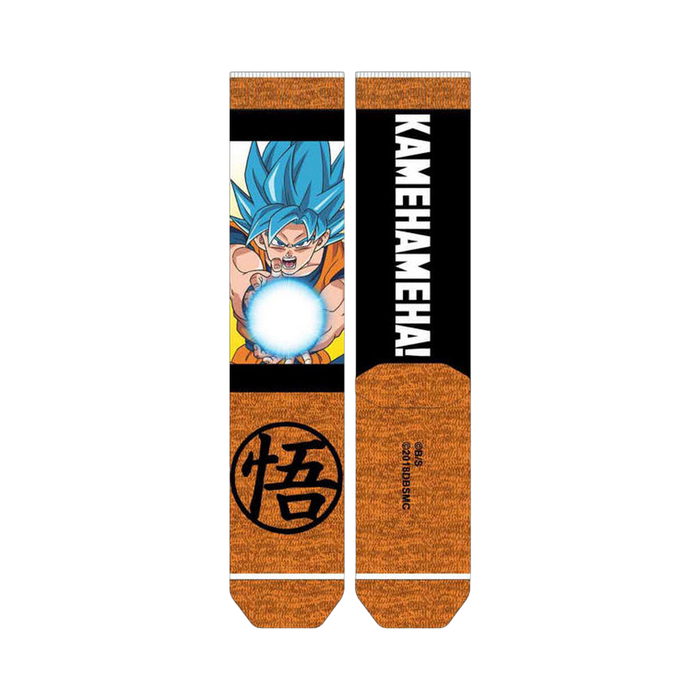 Crew socks in orange and blue featuring Goku performing a Kamehameha, the Dragon Ball Z logo, and text. }}