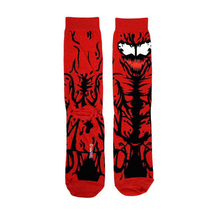 A pair of red socks with a black pattern of the Marvel Comics character Carnage.