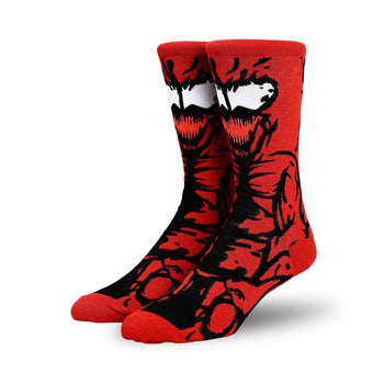 crew length marvel carnage 360 character socks for men with red color and black pattern resembling the face of a character with sharp teeth and large mouth.  