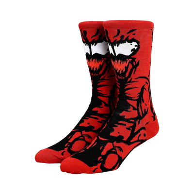 Crew socks in red and black, featuring a full-body Carnage design from Marvel comics.  The symbiote's face is prominently displayed.