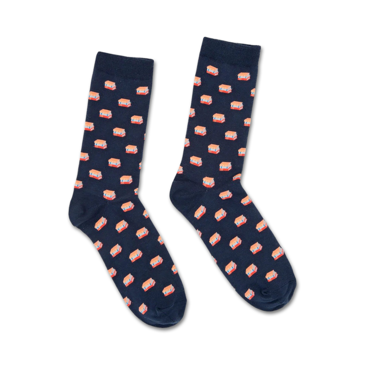 Pair of navy blue crew socks with a repeating pattern of illustrated stacks of books in coral and white. 