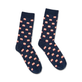 [product name] dark blue crew socks with red, orange, and blue book pattern.  