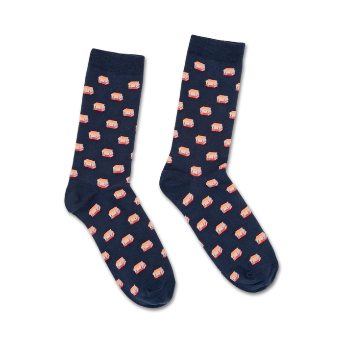 [product name] dark blue crew socks with red, orange, and blue book pattern.   }}