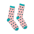Pair of pink crew socks with teal cuffs.  Features a repeating pattern of vintage-style typewriters.