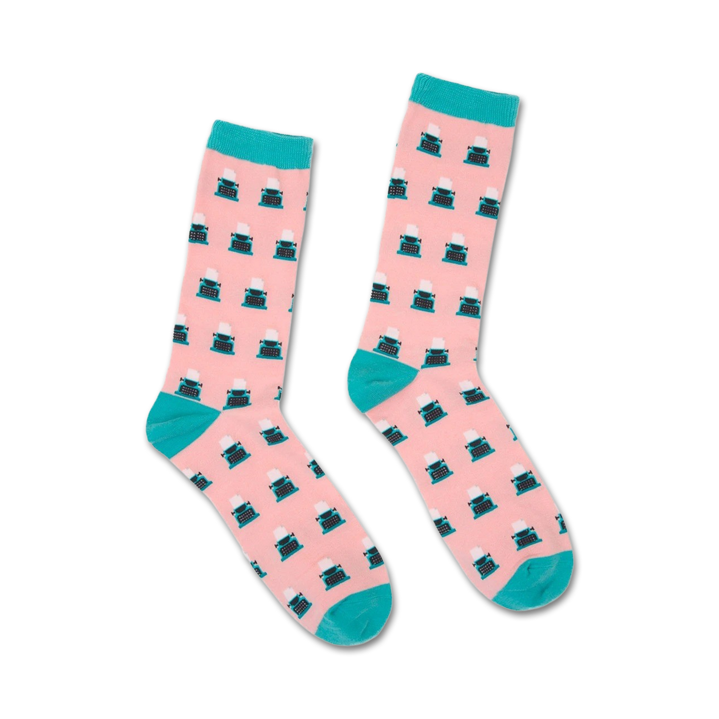 Pair of pink crew socks with teal cuffs.  Features a repeating pattern of vintage-style typewriters.