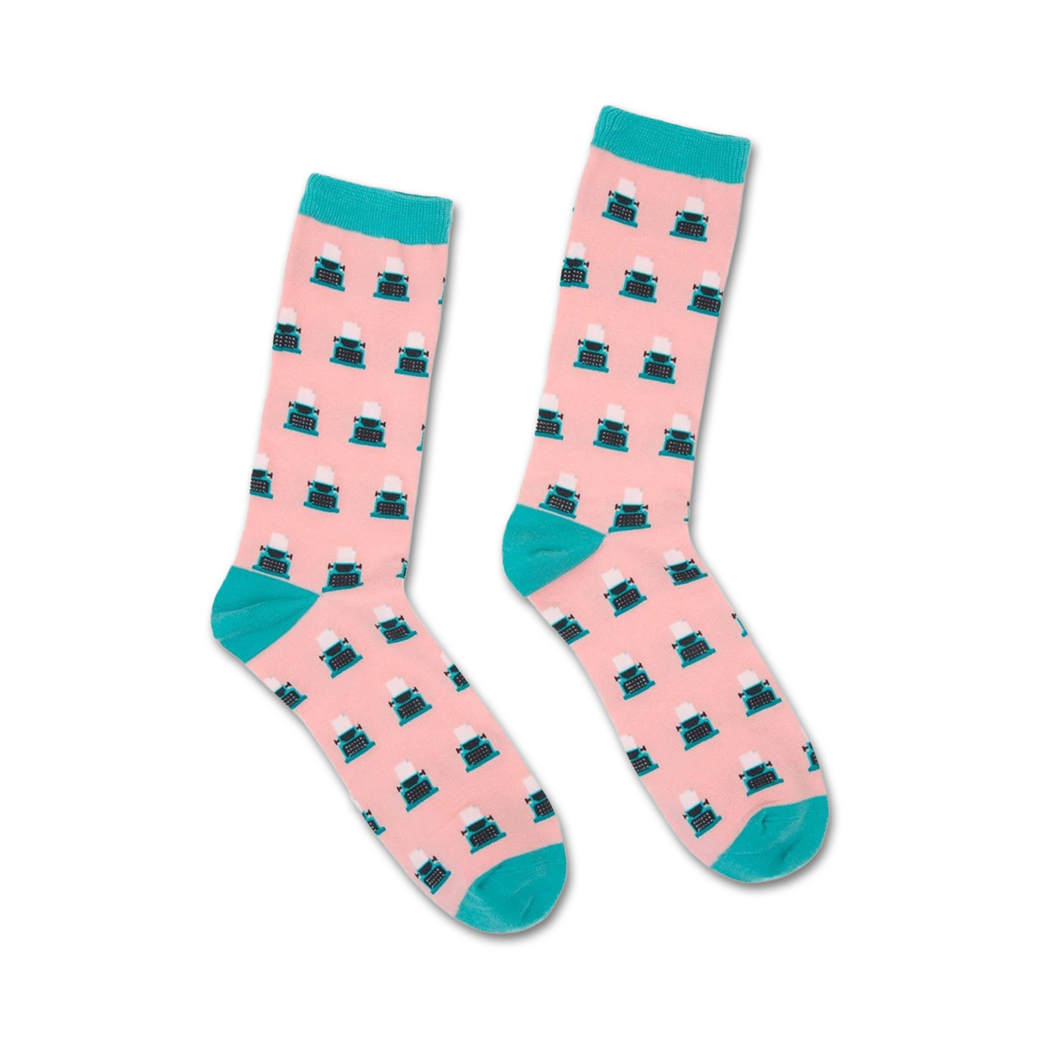 Pair of pink crew socks with teal cuffs.  Features a repeating pattern of vintage-style typewriters.