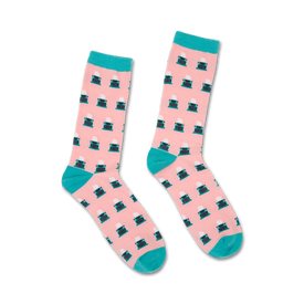 pink crew socks boast blue typewriter pattern with white keys and black roller. made for men and women.  